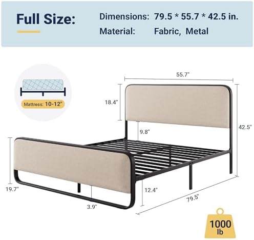 Allewie Full Metal Bed Frame with Upholstered , Beige