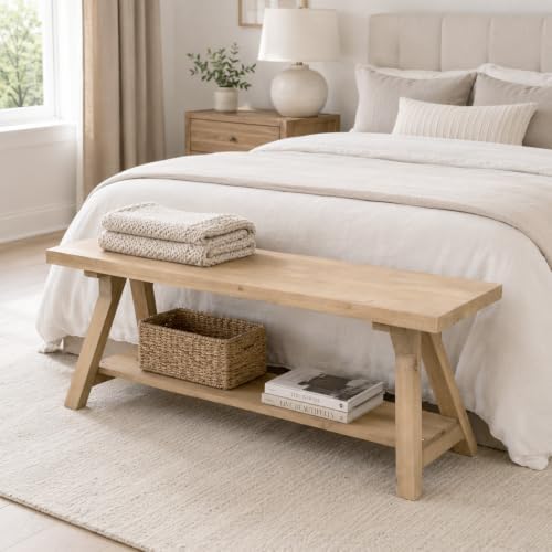 Solid Wood Entryway Bench 43'' Farmhouse with Bottom Storage Shelf