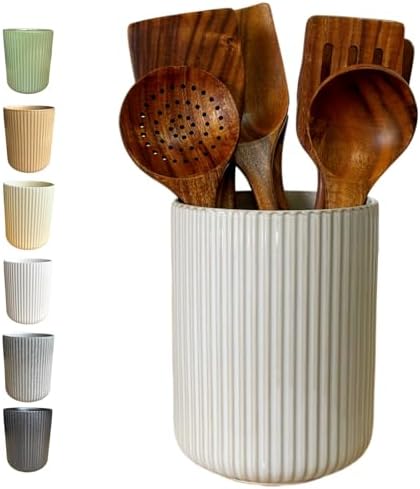 Large Stoneware Kitchen Utensil Holder for Kitchen Counter & Countertop Cooking Utensil Holder Spatula Holder Utensil Crock for Kitchen Counter Vertical Ribbed Fluted Stripe (Retro White)