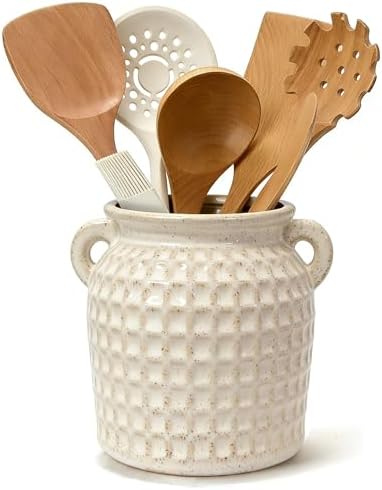 White Ceramic Utensil Holder with Handle, 6.5" Rustic Countertop Crock