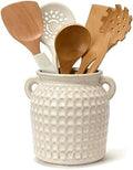 White Ceramic Utensil Holder with Handle, 6.5" Rustic Countertop Crock