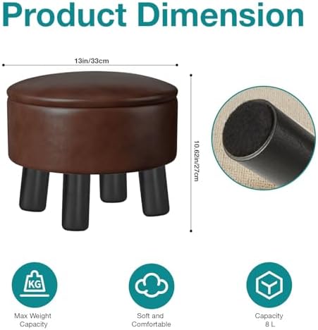 Small Foot Stool Ottoman with Storage, Faux Leather Ottoman Foot Rest for Couch, Round Footstool Ottomans for Living Room (Brown)