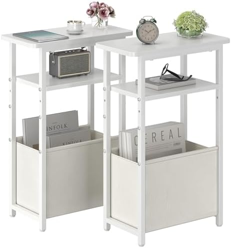 sthmec Narrow Side Table Set of 2, Skinny End Tables with Fabric Basket, Small Side Tables for Small Space,2-Tier Open Shelves with Basket, Slim Nightstands Set 2 for Bedroom,Livinroom,Office,White