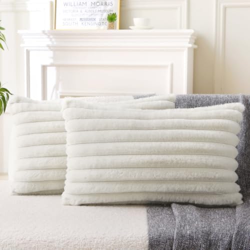 Decorative Throw Pillow with Inserts, Set of 2 Soft Faux Fur Throw Pillows, Boho Striped Pillow for Couch, Bed, Sofa Decor (Beige, 12" x 20"(Pack of 2))