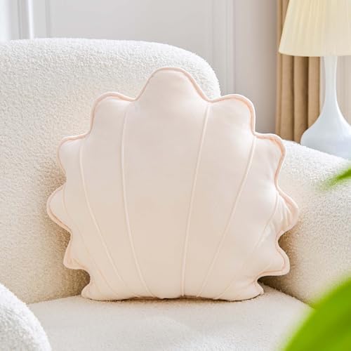 Uvvyui Shell Pillow Seashell Throw Pillow Shell Shaped Decorative Pillows Soft Velvet Sea Shells Pillow Aesthetic Home Decor Sea Ocean Beach Cushion Bed Pillow（Beige, 13x11 Inch）
