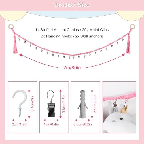 CERETIA 80" Stuffed Animal Organizer Chain, Wall Corner Storage, Pink