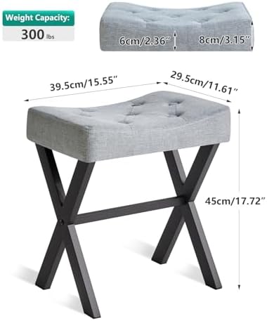 IBUYKE U-Shaped Linen Vanity Stool, X-Leg Makeup Chair, Blue Gray WBD018L
