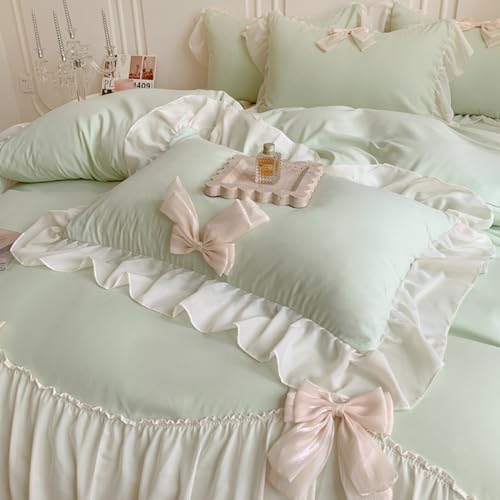 SOUKECHY Girls Lace Bedding, Queen Comforter Cover Set, Chic Ruffled Duvet Cover with Lovely Bow,Princess Style 1 Duvet Cover with 2 Pillowcases, No Comforter-Green,Queen Size