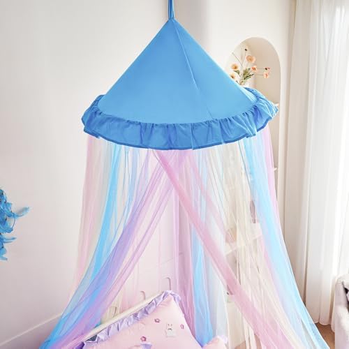 Kertnic Rainbow Bed Canopy for Girls Dreamy Mosquito Net for Bed Round Dome Princess Bed Canopy Girl Room Play Tent Canopy Bed Netting Curtains (Single Layer- Blue)
