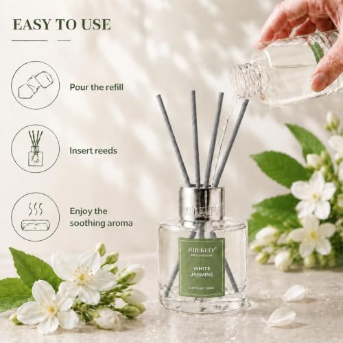 Airkeep White Jasime Reed Diffuser Refill – 6.76 fl oz – Premium Scented Oil for Home Aromatherapy – Long-Lasting Fragrance for Reed Diffusers – Perfect for Bathroom, Bedroom & Home Decor