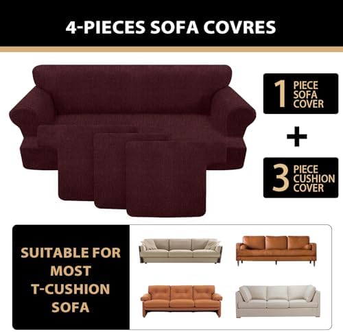 4 Piece T Cushion Sofa Slipcovers Stretch Couch Slip Cover for 3 Cushion Couch Sofa, Machine Washable for Living Room (Burgundy, 3 Cushions)