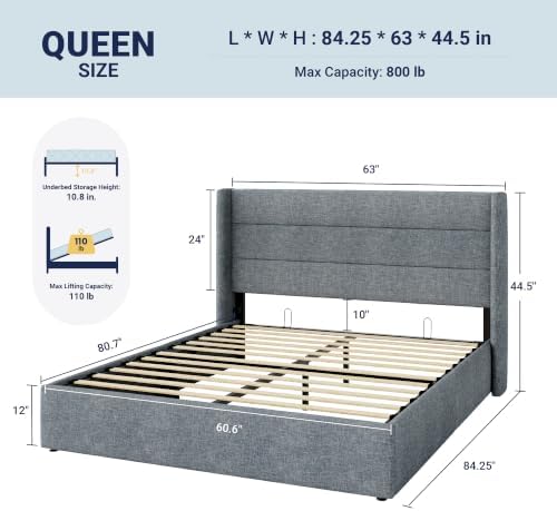 Allewie Queen Size Lift Up Hydraulic Storage Bed Frame Blue Grey