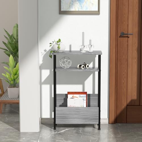 THUMEYE 7.1" Narrow Side Table for Small Spaces, 3 Tier Small End Table with Magazine Holder, Slim/Skinny Nightstand/Bedside Table for Living Room, Bedroom, 15.4" L x 24.2" H, Gray