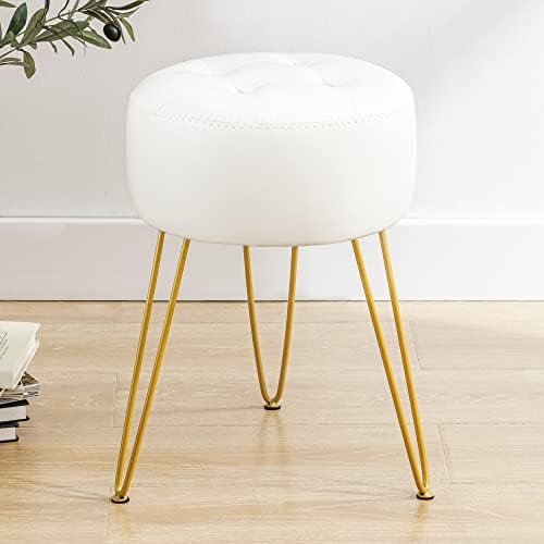LUE BONA Faux Leather Vanity Stool Chair for Makeup Room, 19” Height, Tufted Vanity Chair with Metal Legs, Modern Foot Stool Ottoman for Bedroom, Living Room