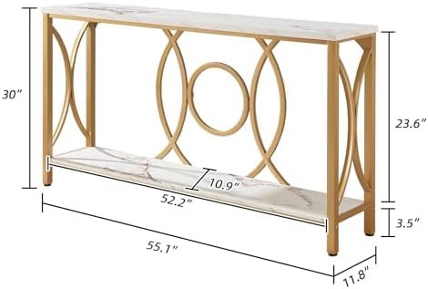Entryway Narrow Console Table, 55 Inch Long Gold Sofa Table, White Marble