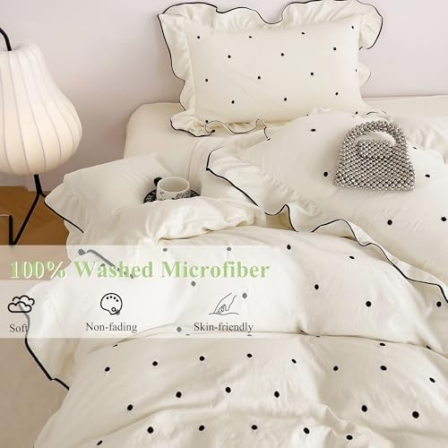 AOJIM Cottagecore Beige Polka Dot Duvet Cover King, 3-Piece Chic Vintage Ruffled Bedding Set - Super Soft Breathable Washed Microfiber Comforter Cover with Zipper Closure & 2 Pillowcases, Easy Care