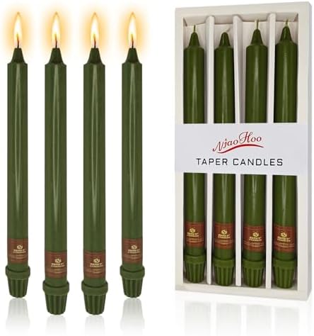 NJAO HOO Olive Green Taper Candle 10 Inch Christmas Candlesticks Unscented Dripless Handmade Candles for Home Decor Dinner New Year Party, 4 Pack