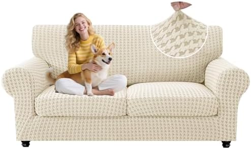 MAXIJIN 3 Pieces Stretch Couch Covers for 2 Cushion Couch Washable Sofa Cover with 2 Extra Large Seat Soft Loveseat Sofa Slipcovers with Non Slip Strap (Beige), 71"-91"(2 XL Cushions)