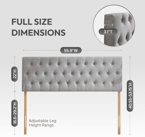 Kingfun Tufted Upholstered Full Size Bed Headboard in Modern Button Design, Adjustable Solid Wood Head Board, Premium Linen Fabric Padded Headboards in Bedroom (Grey)