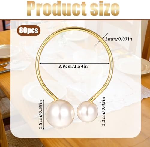 Set of 80 Pearl Napkin Rings, Gold Napkin Ring Holders with Faux Pearls