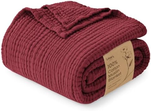 Love's cabin 100% Cotton Muslin Blanket Twin Size for Bed, Wine Red