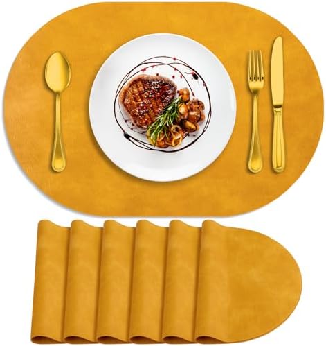 ADRIMER Oval Placemats Set of 6, Wipeable Faux Leather, Yellow