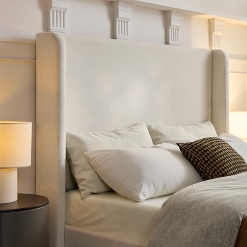 Queen 54" Tall Headboard Carmen Wingback Upholstered Platform Bed Frame Premium Canvas Chenille Elegant Simplicity for Bedroom No Box Spring Needed Easy Assembly No Noise Textured Ivory