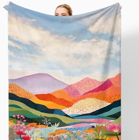 Abstract Colorful Mountain Throw Blanket for Couch, Modern Home Decor, Maximalist Wildflower Nature Landscape Throw Blanket for Bedroom Living Room Home Decoration, 50x60 Inches