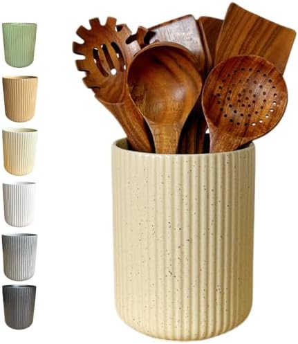 Large Stoneware Kitchen Utensil Holder for Kitchen Counter & Countertop Cooking Utensil Holder Spatula Holder Utensil Crock for Kitchen Counter Vertical Ribbed Fluted Stripe (Speckled Beige)