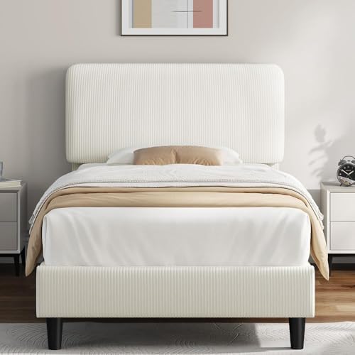 Yaheetech Twin Bed Frame, Adjustable Chenille Upholstered Headboard, Beige