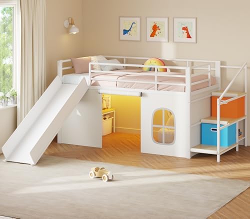 Twin Low Loft Bed with Slide and Safety Staircase, 2 Storage Drawers, Kids Twin Size Loft Bed with LED Lights, Under-Bed Play Tent, Built-in Desk, Metal Loft Bed with Safety Guardrail, White