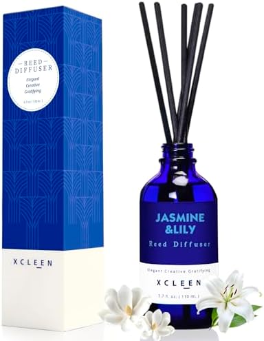 Xcleen Reed Diffuser Set- Jasmine & Lily Scented Diffuser with 6 Rattan Sticks, Long Lasting Reed Diffusers for Home Bathroom Shelf Decor-3.7oz