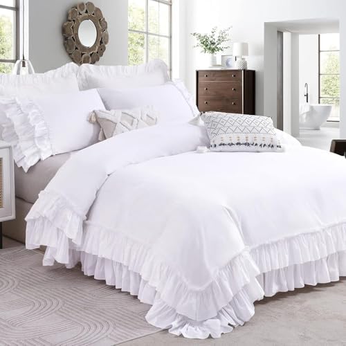 Ruffle White Duvet Cover California King Size- Washed Cotton Shabby Farmhouse Chic Ruffled Bedding 3pcs(1 Soft Cotton Duvet Cover +2 Ruffle Pillowshams) Aesthetic French Country Calking Bed