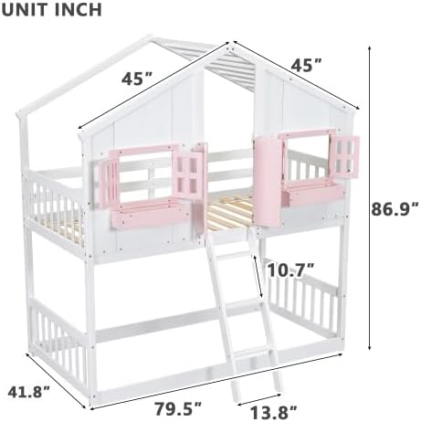 Twin Over Twin House Bunk Bed with Roof and Window, Pink White