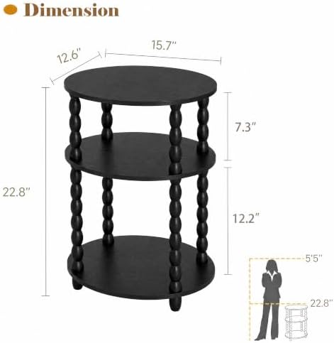 3-Tier Oval Side Table, Small End Table with Solid Wood Spindle Legs Black