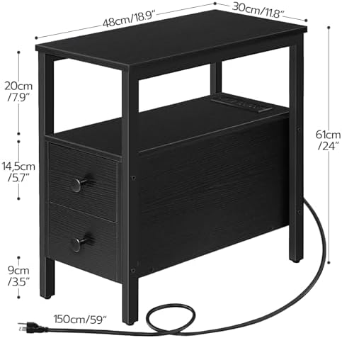 HOOBRO Set of 2 End Tables with Charging Station, Narrow Side Table with Drawers & USB Port & Power Outlets, Nightstand for Small Spaces, Living Room, Stable and Sturdy, Black BK541BZP201