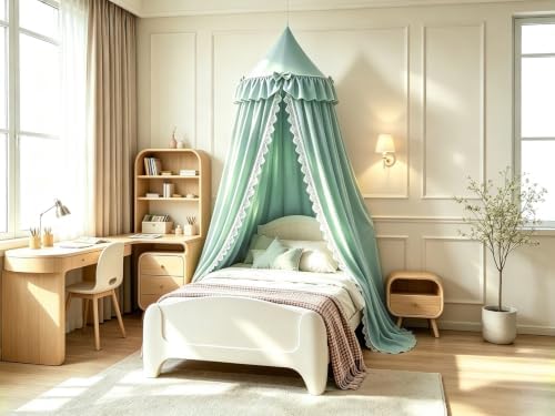 Kertnic Lace & Bow Decor Princess Canopy for Girls Bed, Soft Ruffled Playing Tent Canopy Room Decoration Castle, Reading Nook Canopies in Home (Green)