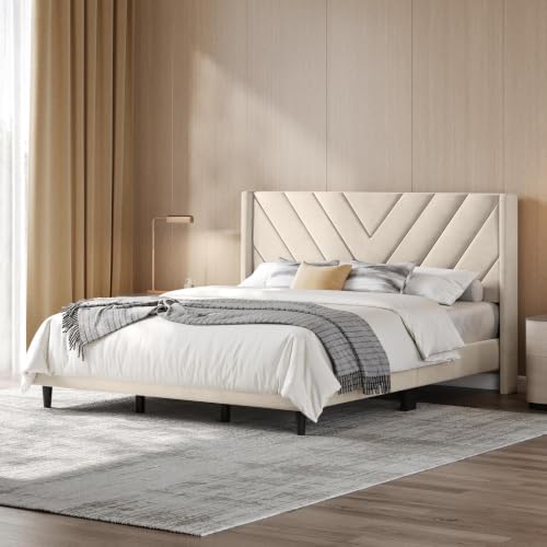 Yaheetech King Bed Frame with Chevron Channel-Tufted Headboard, Beige