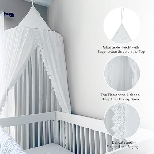 OldPAPA Kids Bed Canopy with Pom Pom Hanging Mosquito Net for Baby Crib Nook Castle Game Tent Nursery Play Room Decor，White