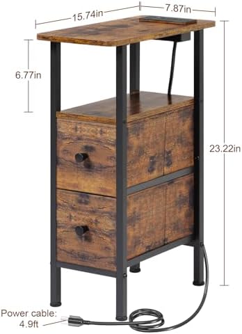 LOAKEKEL Narrow End Table with Charging Station, Small Nightstand