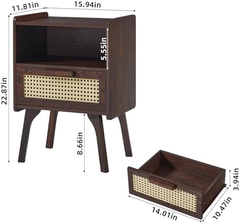 Lerliuo Rattan Nightstands Set of 2, Bedside Table with Drawer Open Shelf