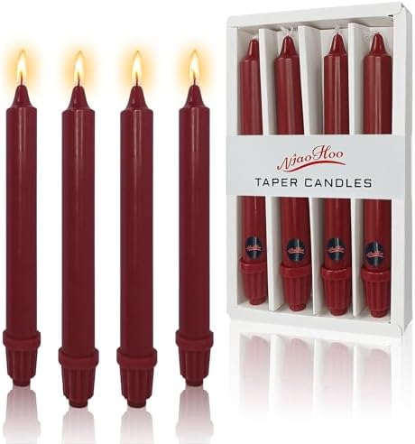 NJAO HOO Burgundy Taper Candle 8 Inch Christmas Candlesticks Red Unscented Dripless Handmade Candles for Home Decor Dinner New Year Party, 4 Pack