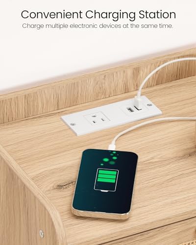 CHOEZON Rattan Nightstands Set of 2 with Charging Station, Boho Nightstand, Rattan Bedside Tables with Drawer, Storage Side Table with 2 USB Ports, Bedroom, Natural MBZ01UP2WO
