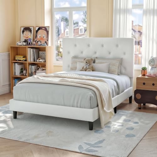 HOMBCK Twin Bed Frames for Kids, Adjustable Headboard, White