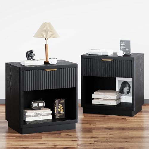 Fluted Nightstand Set of 2 with Charging Station,Drawer & Open Shelf,Black