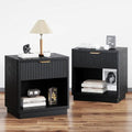 Fluted Nightstand Set of 2 with Charging Station,Drawer & Open Shelf,Black