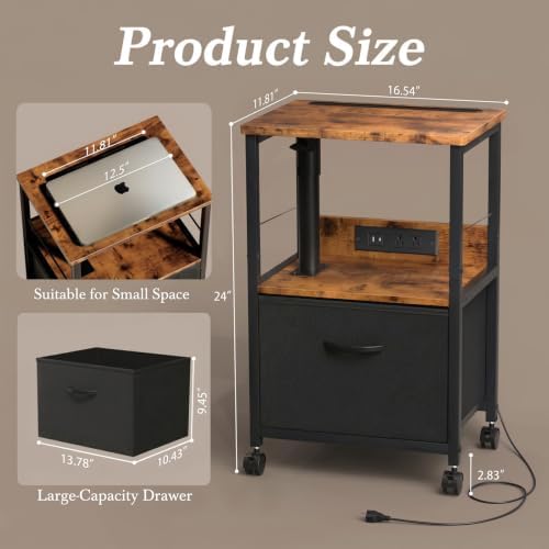 Faesun Night Stand with Charging Station & Swivel Top, Brown Black