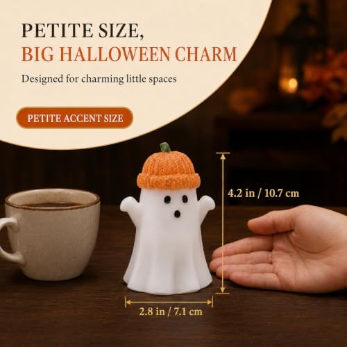 Enido Ghost with Pumpkin Hat Flameless Candles with Remote, Set of 2 Cute Real Wax LED Halloween Candles, Battery Operated Tea Lights, 2/4/6/8H Timer for Kids Room, Fall Tiered Tray Decor