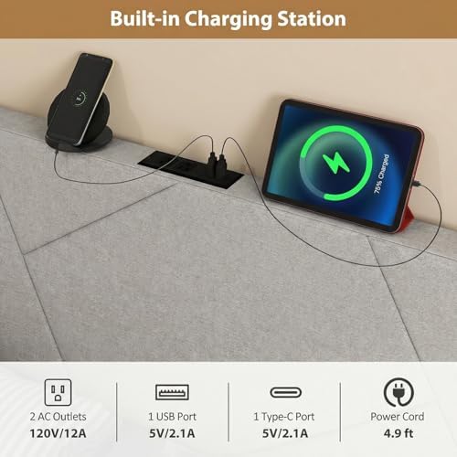 Giantex Headboard with Charging Station, Queen/Full Size Geometric Tufted Upholstered Head Board w/2 AC Outlets, USB & Type-C Ports, Rubber Wood Legs, Width Adjustable Modern Bed Headboard Only (Grey)