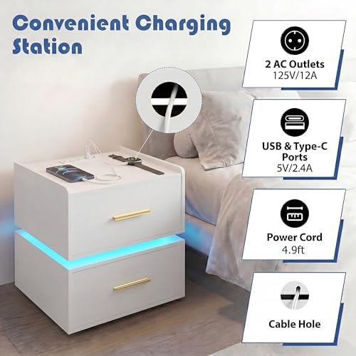 GIANTEX LED Night Stand Set 2 with Charging Station, Semi-Floating Bedside Table w/2 Storage Drawers, USB & Type-C Ports, Modern Couch End Sofa Side Table for Bedroom Small Spaces (White)
